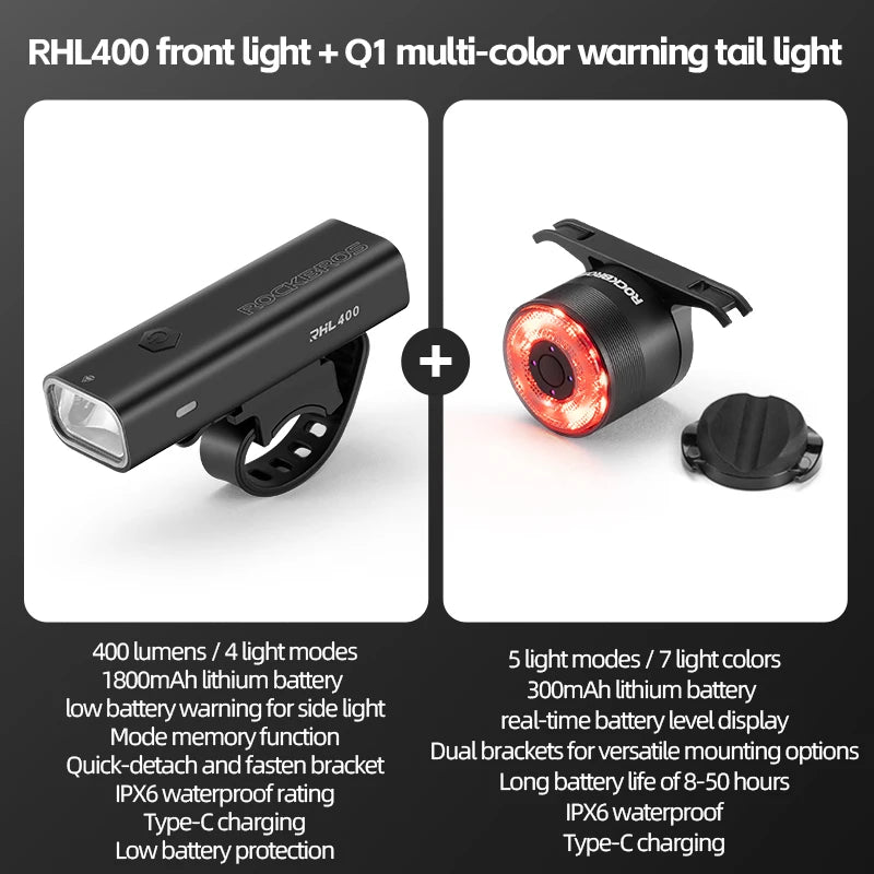 ROCKBROS Waterproof Rechargeable Bike Headlight 200M Range with Tail Light & Type-C Charging