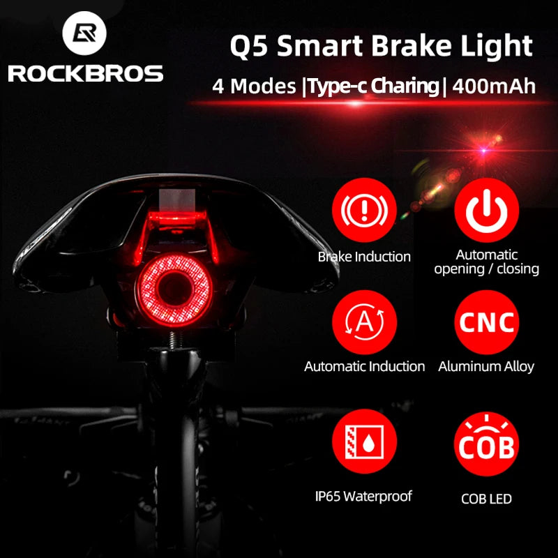 ROCKBROS Smart Auto Brake Sensing Taillight - IPX6 Waterproof LED Bike Rear Light, 400mAh Battery