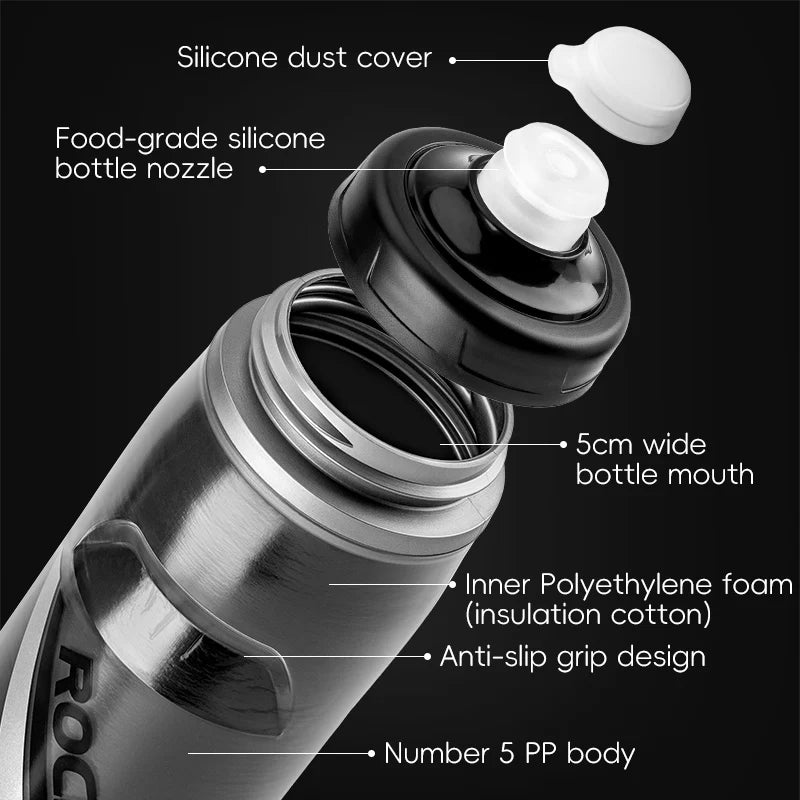 ROCKBROS 620ml Insulated Cycling Water Bottle - Portable Thermal Silicone Bottle for Fitness