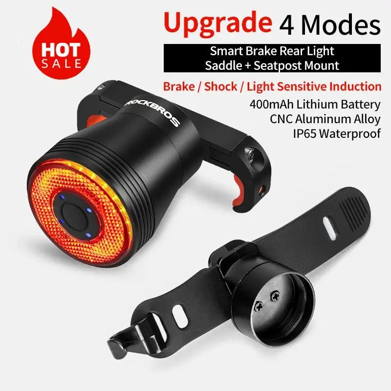 ROCKBROS Smart Auto Brake Sensing Taillight - IPX6 Waterproof LED Bike Rear Light, 400mAh Battery