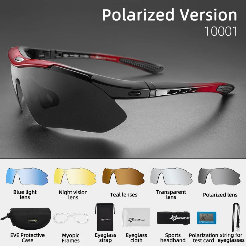 ROCKBROS Polarized Cycling Glasses - 5 Interchangeable Lenses UV400 Sports Sunglasses for MTB