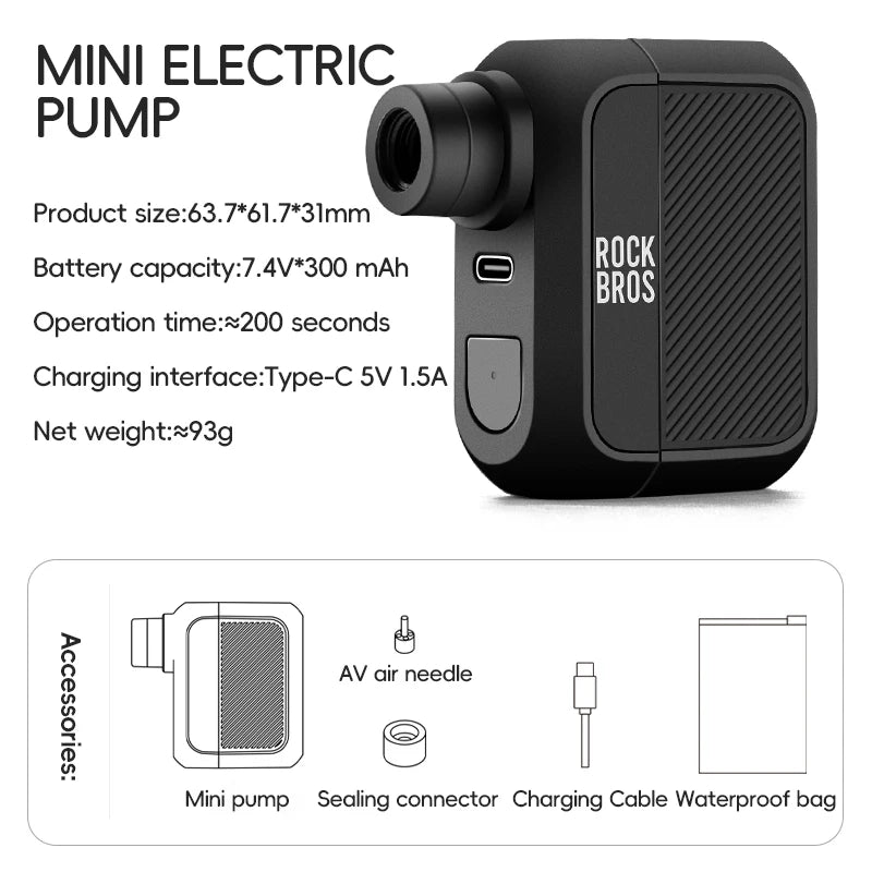 ROCKBROS Portable Electric Air Pump, Rechargeable 100PSI Mini Bicycle Tyre Inflator, 300mAh Battery